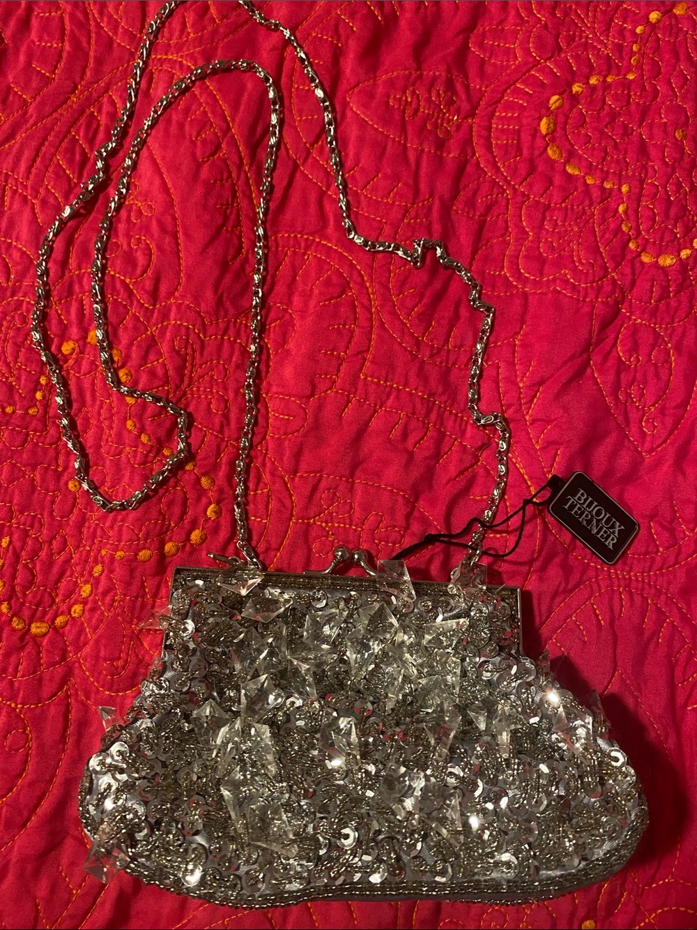 Bijoux Terner Silver Quartz Crystal, Bead and Sequin Embellished Convertible Bag
